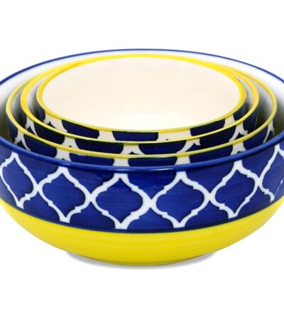 Yellow and blue Moroccan ceramic serving bowl set for kitchen