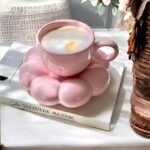 Pink Ceramic Bubble Cup with Sculptural Saucer Modern Style