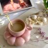 Aesthetic Pink Coffee Cup with Bubble Handle and Saucer