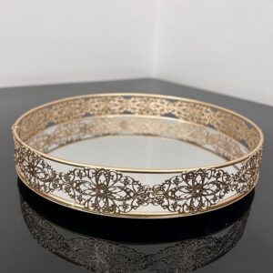 Decorative Metal Vanity Tray with Floral Filigree in Gold Round Shape