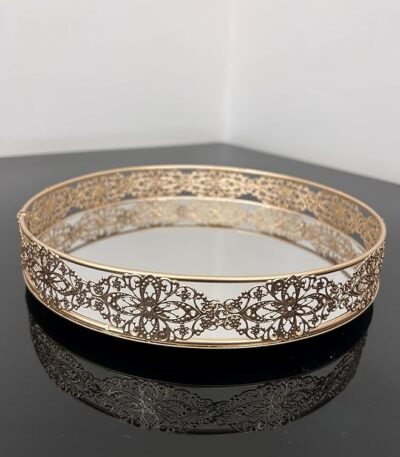 Decorative Metal Vanity Tray with Floral Filigree in Gold Round Shape