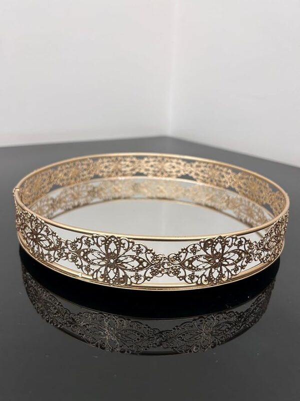 Decorative Metal Vanity Tray with Floral Filigree in Gold Round Shape
