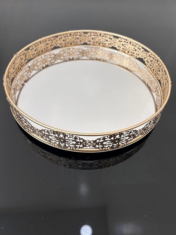 Elegant Gold Round Vanity Tray with Intricate Floral Filigree Design