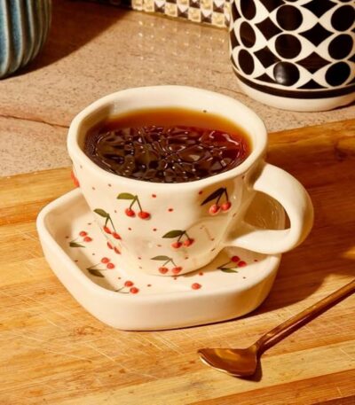 Cherries-themed ceramic coffee mug for hot beverages