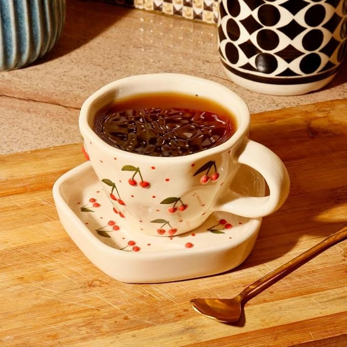 Cherries-themed ceramic coffee mug for hot beverages