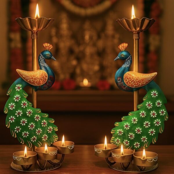 Luxurious metal peacock figurine with candle display stand