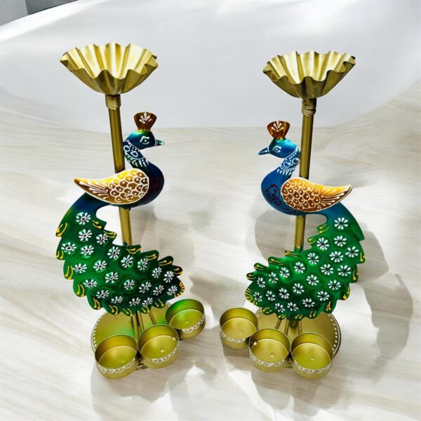 Hand-painted peacock candle holder with intricate metal