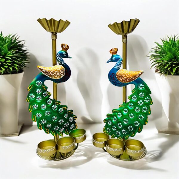 Handcrafted peacock showpiece with candle stand for living room décor