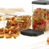 Stackable plastic containers for modular kitchen shelves