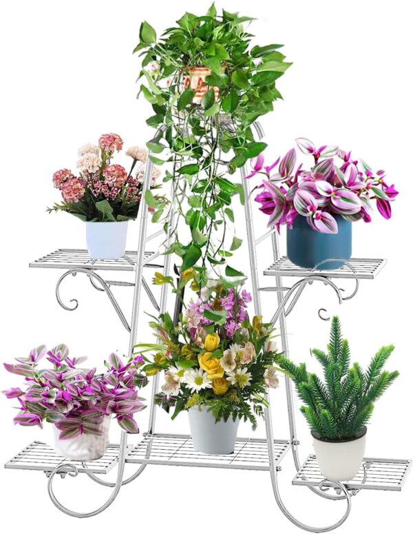 Multi-layer plant shelf for displaying green plants in the living room.