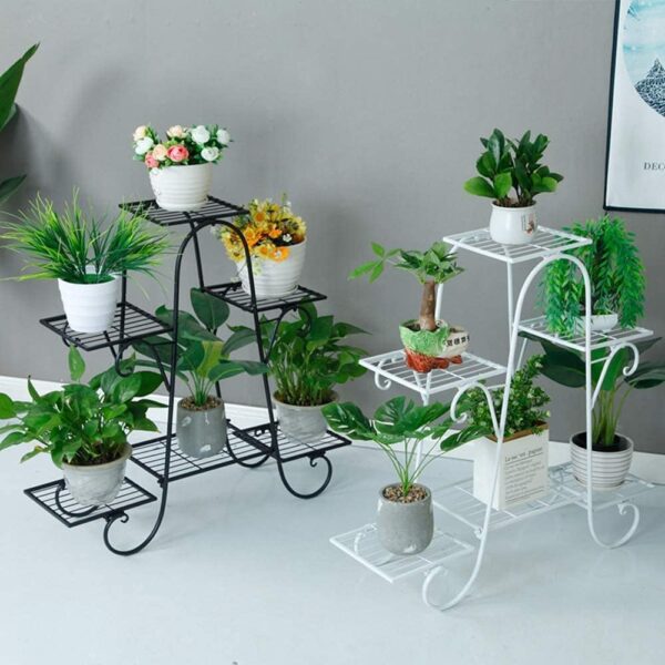 Plant shelf rack showcasing vibrant flowers in a balcony garden.