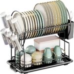 Carbon steel 2-tier large dish rack with utensil holder for kitchen organization