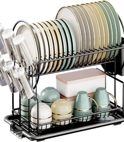 Carbon steel 2-tier large dish rack with utensil holder for kitchen organization