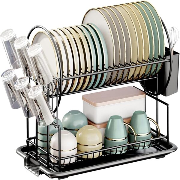 Carbon steel 2-tier large dish rack with utensil holder for kitchen organization
