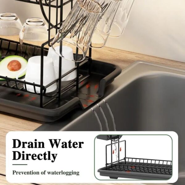 Modern black 2-tier dish organizer for plates, bowls, cups and utensils