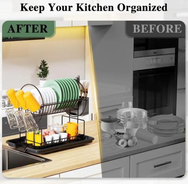 Large kitchen dish organizer with drain tray and utensil storage box
