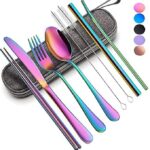 Portable reusable cutlery set with rainbow colour fork, spoon, and chopsticks
