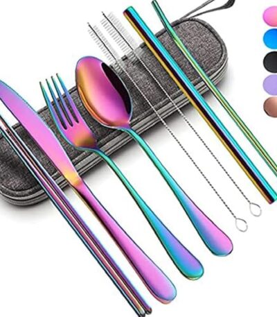 Portable reusable cutlery set with rainbow colour fork, spoon, and chopsticks