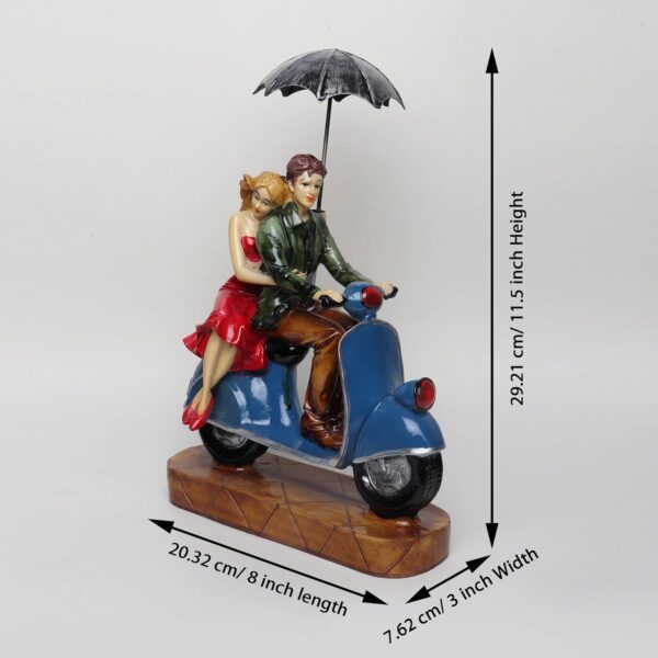 Modern romantic couple riding scooter home accent