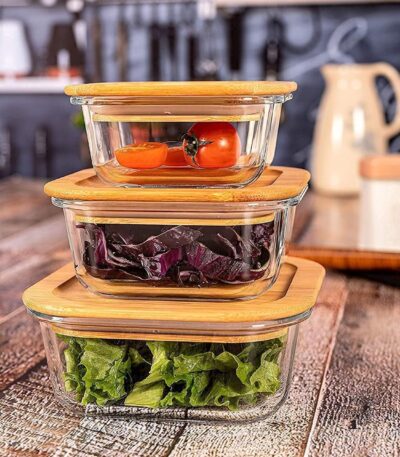 Square glass food storage container with airtight wooden lid