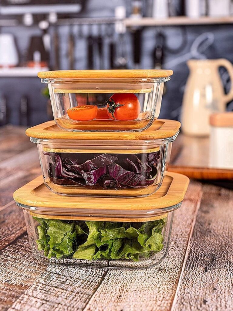 Square glass food storage container with airtight wooden lid