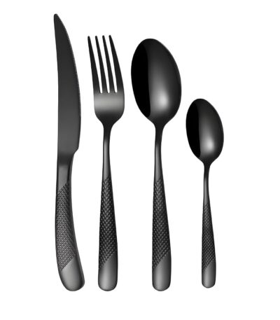 Modern hammered black cutlery set with ultra-sharp serrated knives