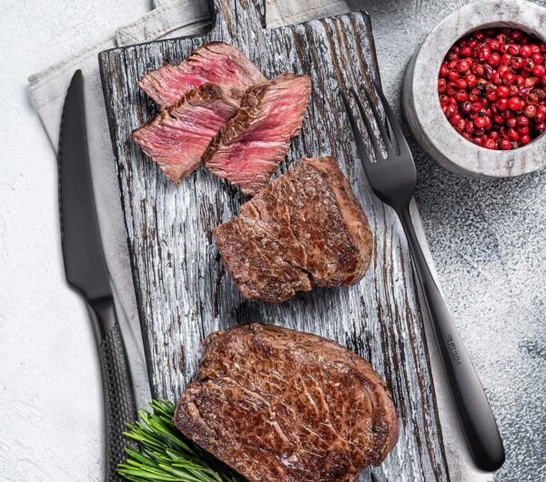 Ultra-sharp serrated knife set with matching black spoons