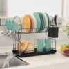 Space-saving metal dish rack with cutlery holder and drip tray