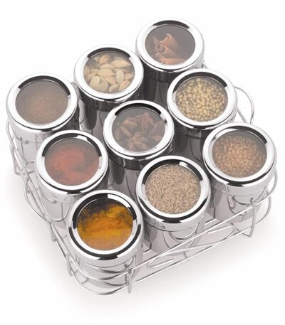 Square Plus Stainless Steel Masala Box with 9 spice containers