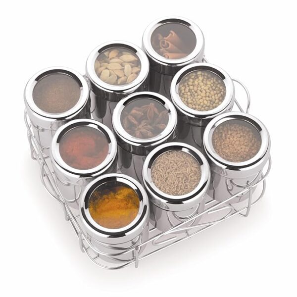 Square Plus Stainless Steel Masala Box with 9 spice containers