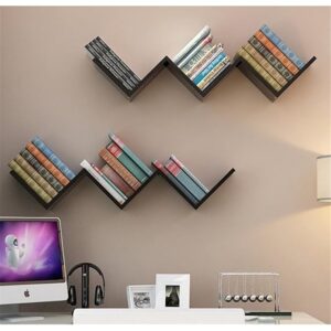 Decorative Wooden Black Zigzag Wall Mounted Bookshelf for Living Room