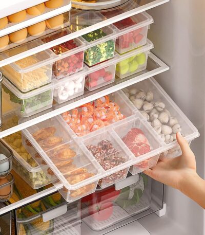 Plastic veggie tray with lid and 5 compartments for fresh storage