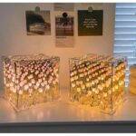 Elegant tulip-shaped cube mirror lamp glowing at night