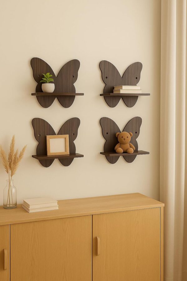 Wooden butterfly wall shelves for displaying books and décor items