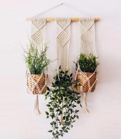 Boho macrame wall hanging with wooden shelf for indoor plants