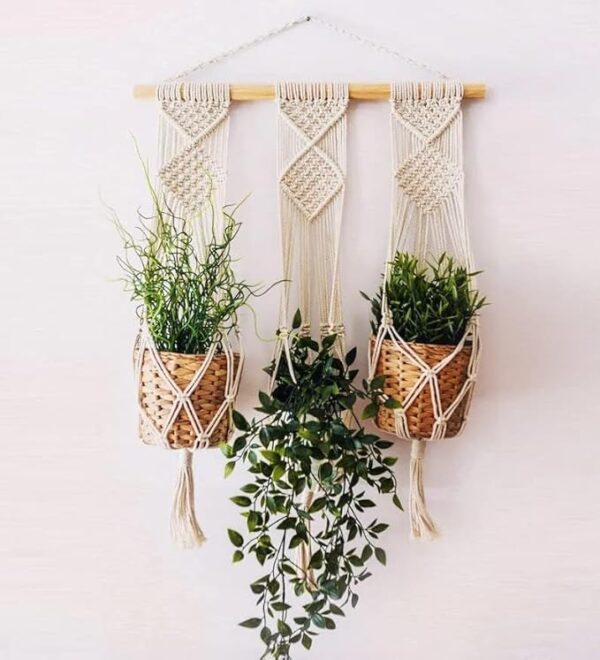 Boho macrame wall hanging with wooden shelf for indoor plants