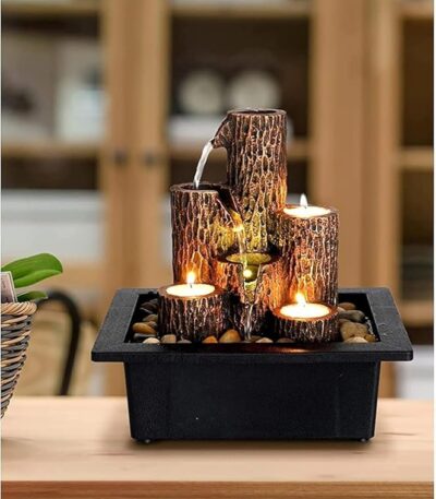 Candle holder with decorative resin tabletop water fountain