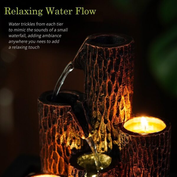 Candle holder with decorative resin tabletop water fountain