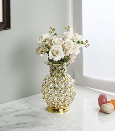 Golden metal flower vase with sparkling crystal