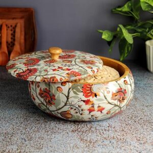 Premium handcrafted solid wood marigold roti box with lid for kitchen storage