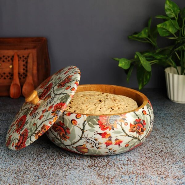 Luxury roti storage bowl with lid made from solid marigold wood