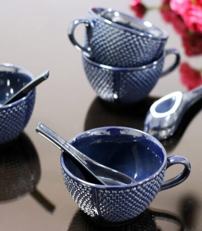 Royal Blue Ceramic Soup Bowl with Handle and Spoon Set