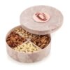 Rose gold lid dry fruit container with separate sections for nuts and snacks