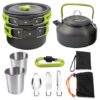 Portable camping cookware mess kit with carabiner and utensils