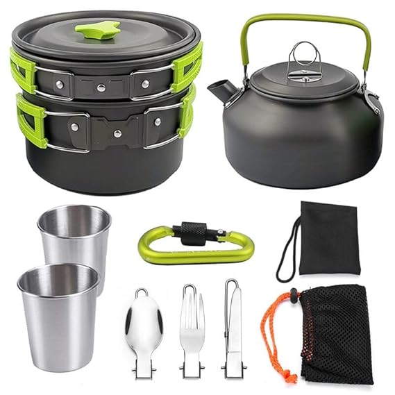 Portable camping cookware mess kit with carabiner and utensils
