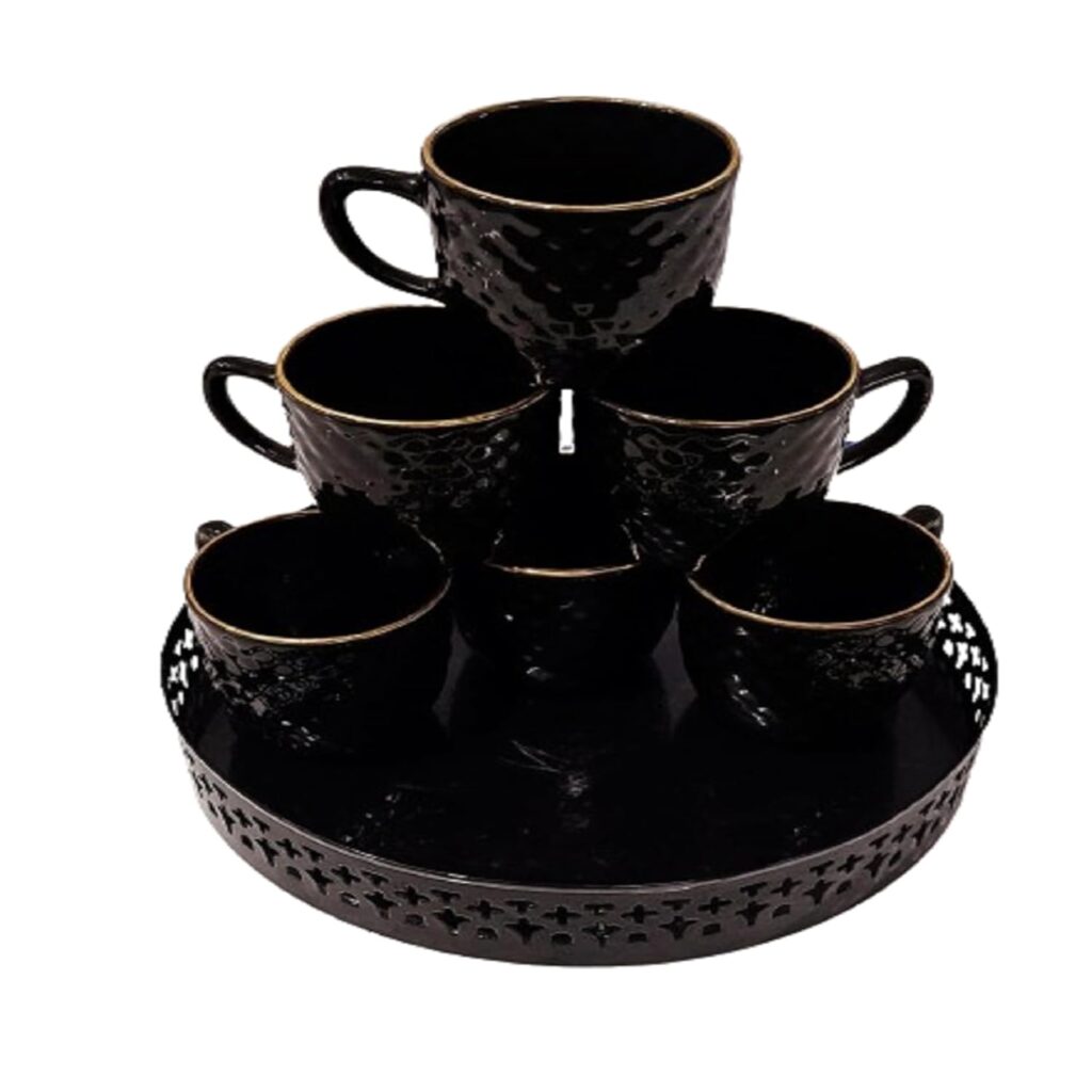 Elegant ceramic tea cup and metal tray set for home décor