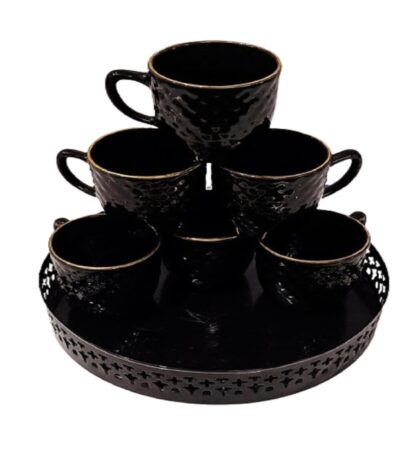 Elegant ceramic tea cup and metal tray set for home décor