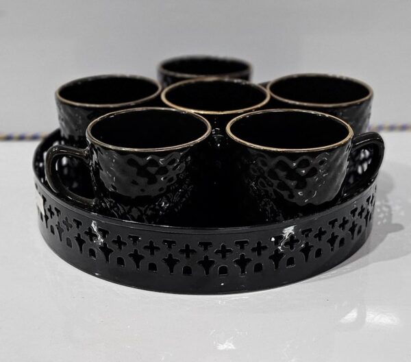Designer ceramic mug with metallic tray for coffee or tea