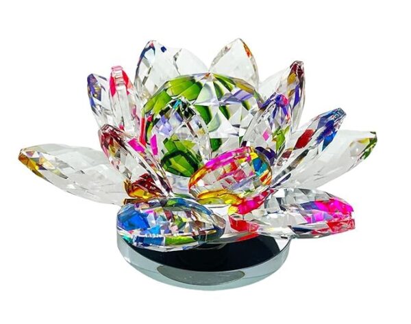 Transparent multicolor crystal lotus showpiece symbolizing positive energy