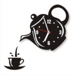 Rustic wooden wall clock with coffee cup and kettle